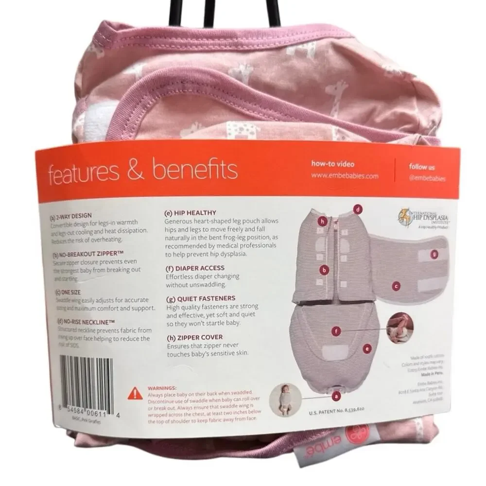 New Embe Baby 2 Way Swaddle 0-4 month 6-14 lbs Pink Giraffe Print Sleep Sack